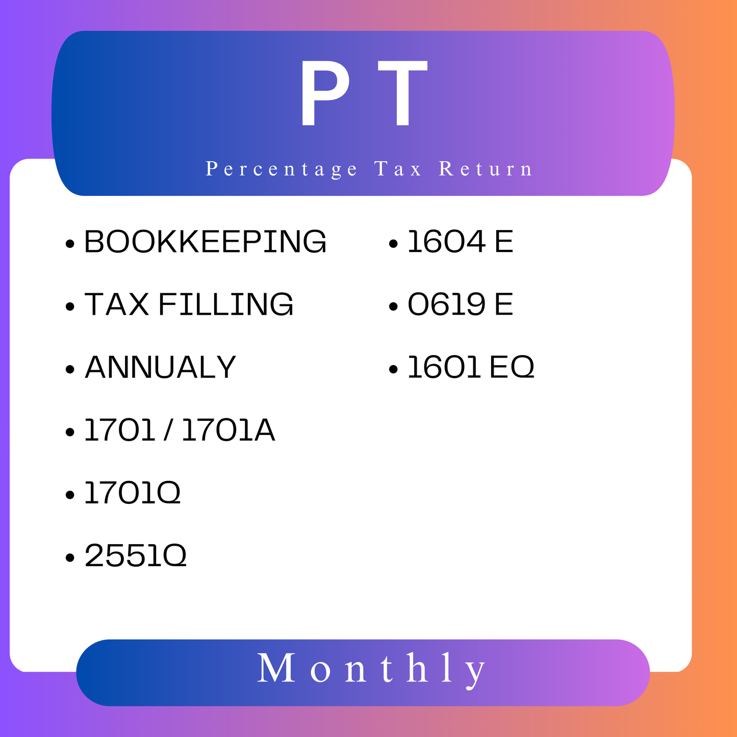 Bookkeep - Percentage Tax Return (PT)